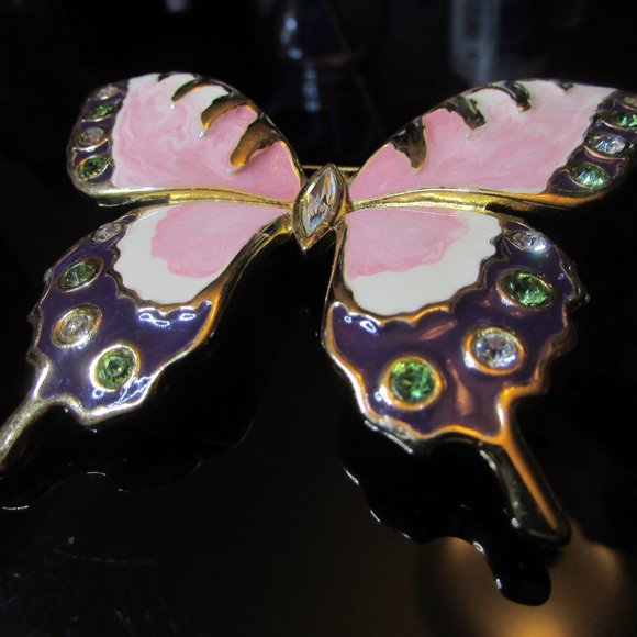 Vintage LARGE Enamel Butterfly PINK with Multi-Coloured Rhinestone BROOCH - Picture 2 of 4